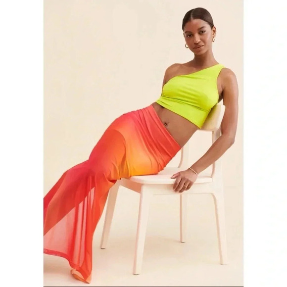 Boskemper Mesh Colorblock Maxi Skirt Sheer Long Ombre Orange - Picture 12 of 15
